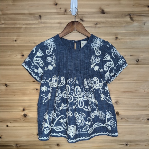 Sea New York Tops - Sea New York Blue Embroidered Floral Butterfly Cotton Blouse‎ Top Size 0